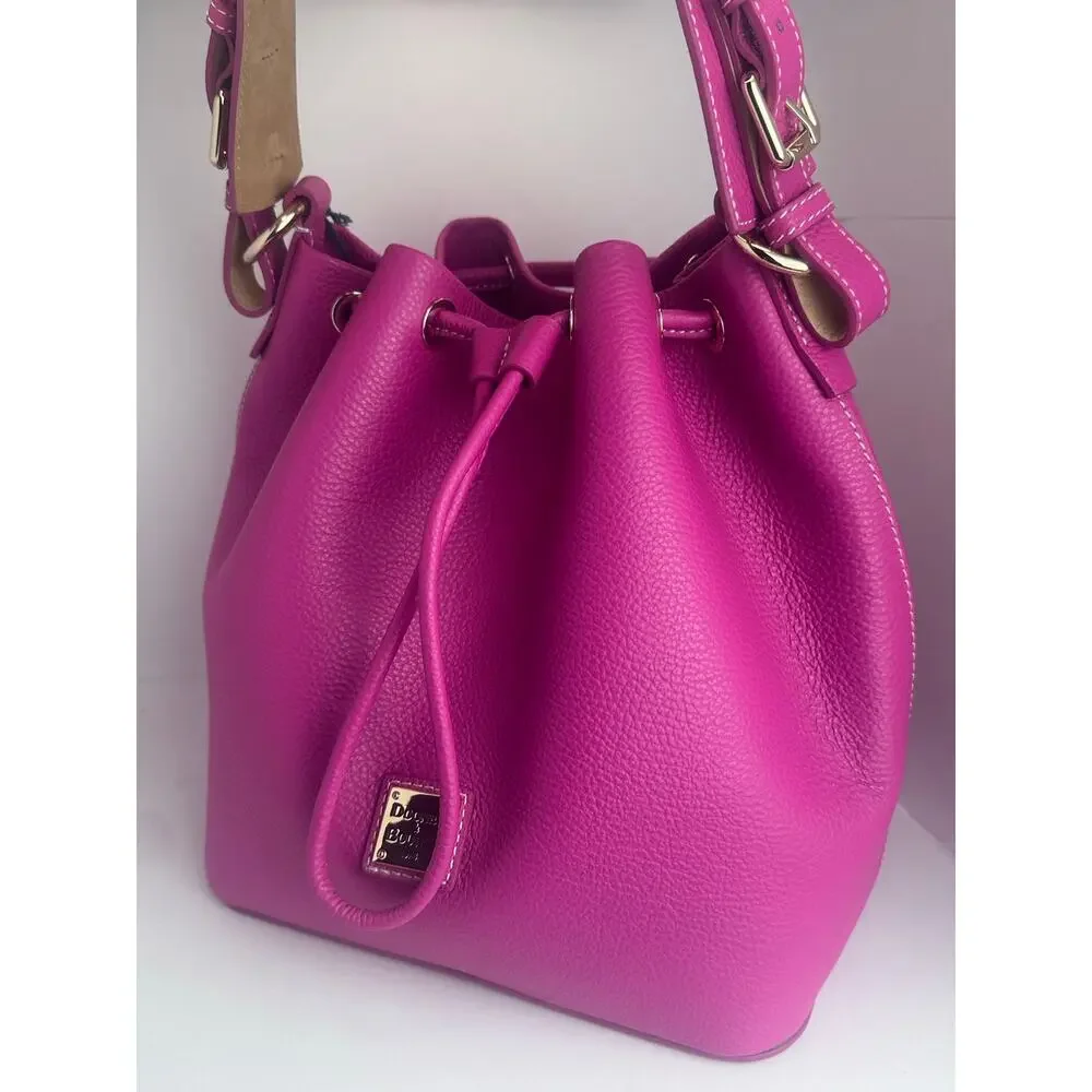 Dooney & Bourke Lucca Pebble Leather Drawstring Shoulder Bucket Bag Fuchsia NWT